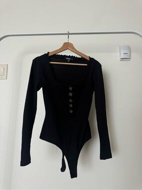 Missguided Plus Black Ribbed Long-Sleeve Bodysuit with Button Placket